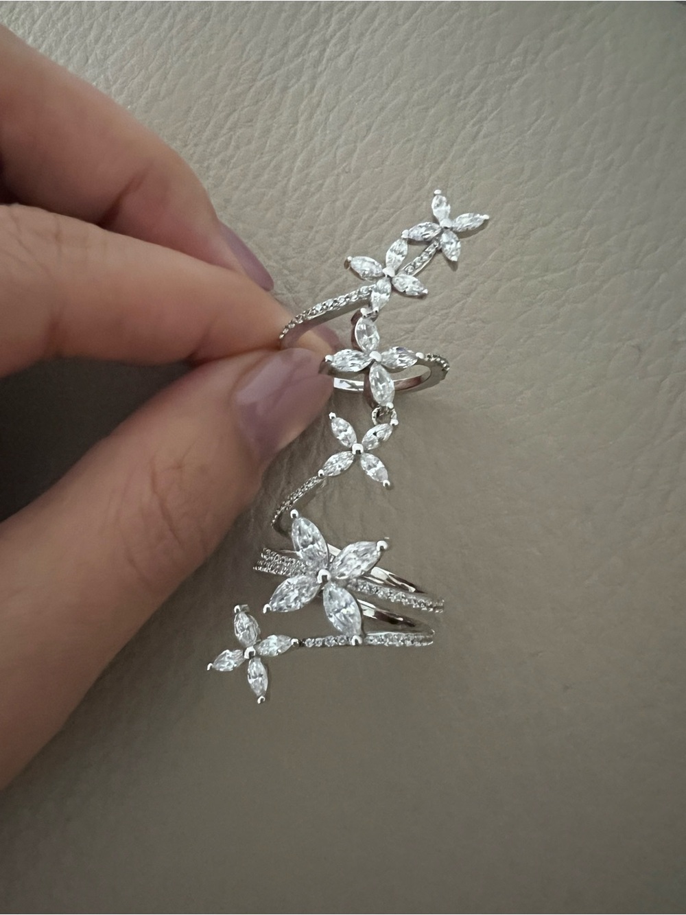Silver Floral Marquise Crystal Wrap Ring - White
